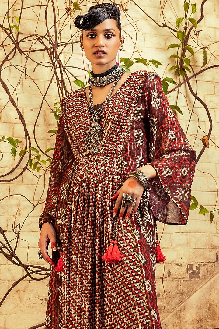 Brown Georgette Printed Vacation Dress by Nadima Saqib at Pernia's Pop Up Shop