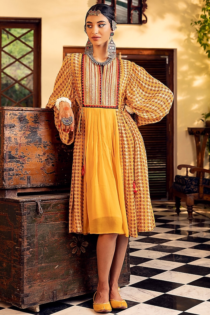 Yellow Printed & Embroidered Dress by Nadima Saqib
