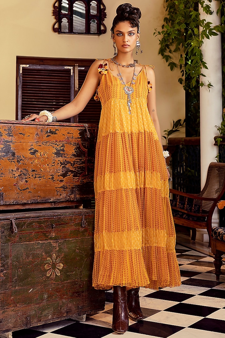 Yellow Chiffon Printed Dress by Nadima Saqib