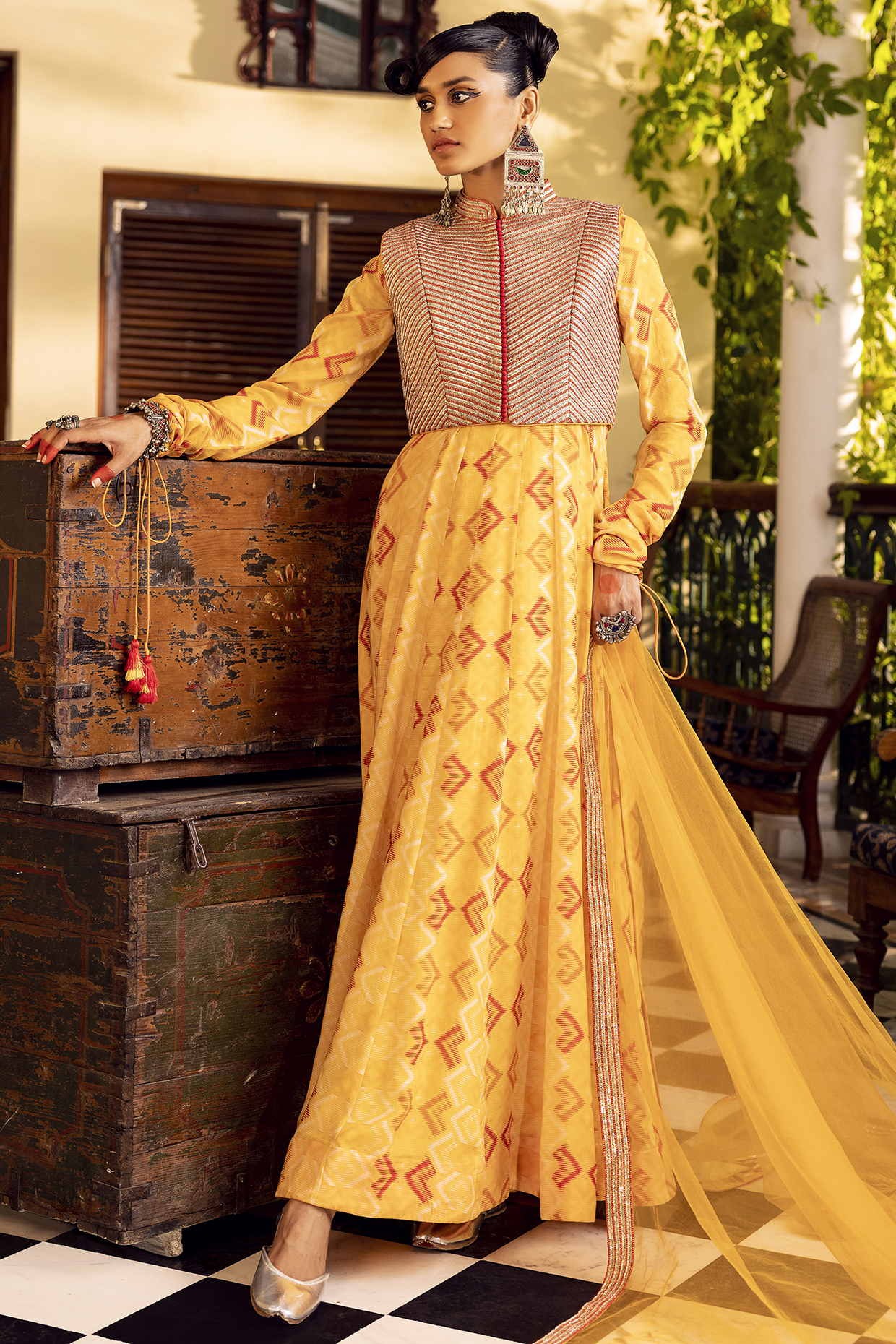 Yellow Printed Anarkali With Jacket by Nadima Saqib
