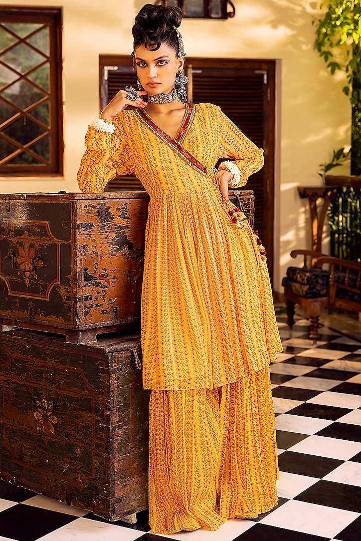 Yellow Sharara Set With Print & Embroidery by Nadima Saqib