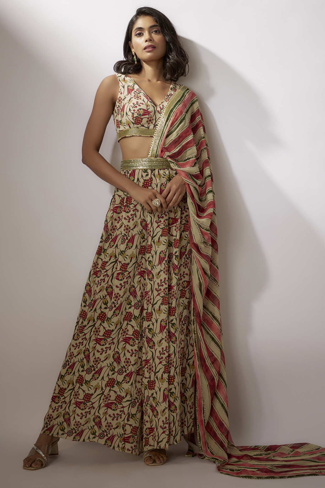 Beige Crepe Printed Draped Pant Party Wear Saree Set by Nadima Saqib at Pernia's Pop Up Shop