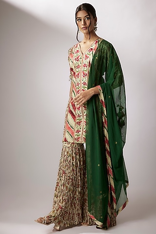 Beige Crepe Printed Gharara Set by Nadima Saqib