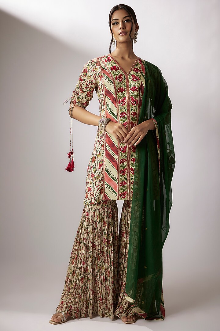Beige Crepe Printed Gharara Set by Nadima Saqib at Pernia's Pop Up Shop