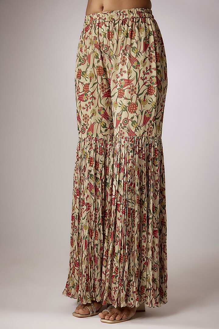 Beige Crepe Printed Gharara Set by Nadima Saqib at Pernia's Pop Up Shop