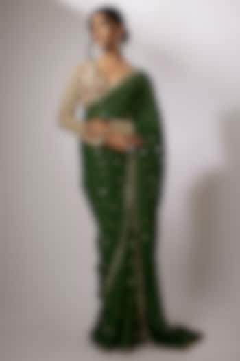 Emerald Green Georgette Embroidered Saree Set by Nadima Saqib at Pernia's Pop Up Shop