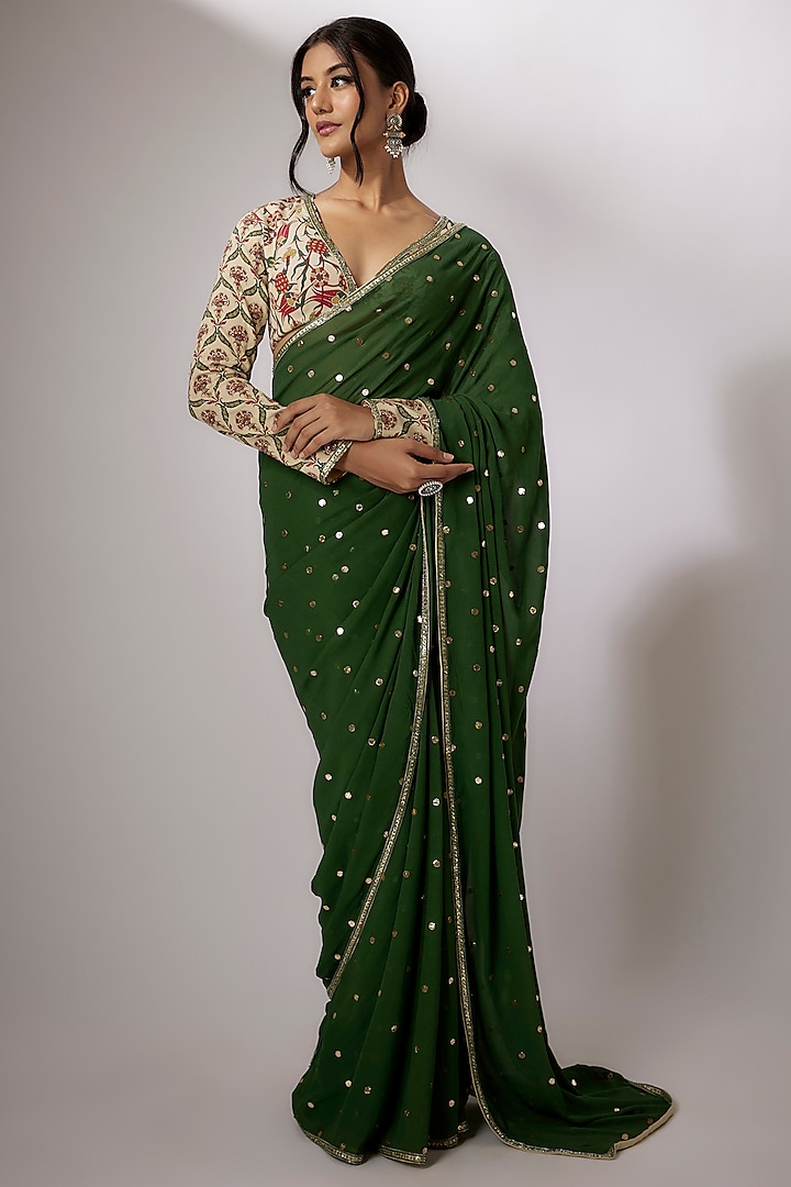 Emerald Green Georgette Embroidered Saree Set by Nadima Saqib at Pernia's Pop Up Shop