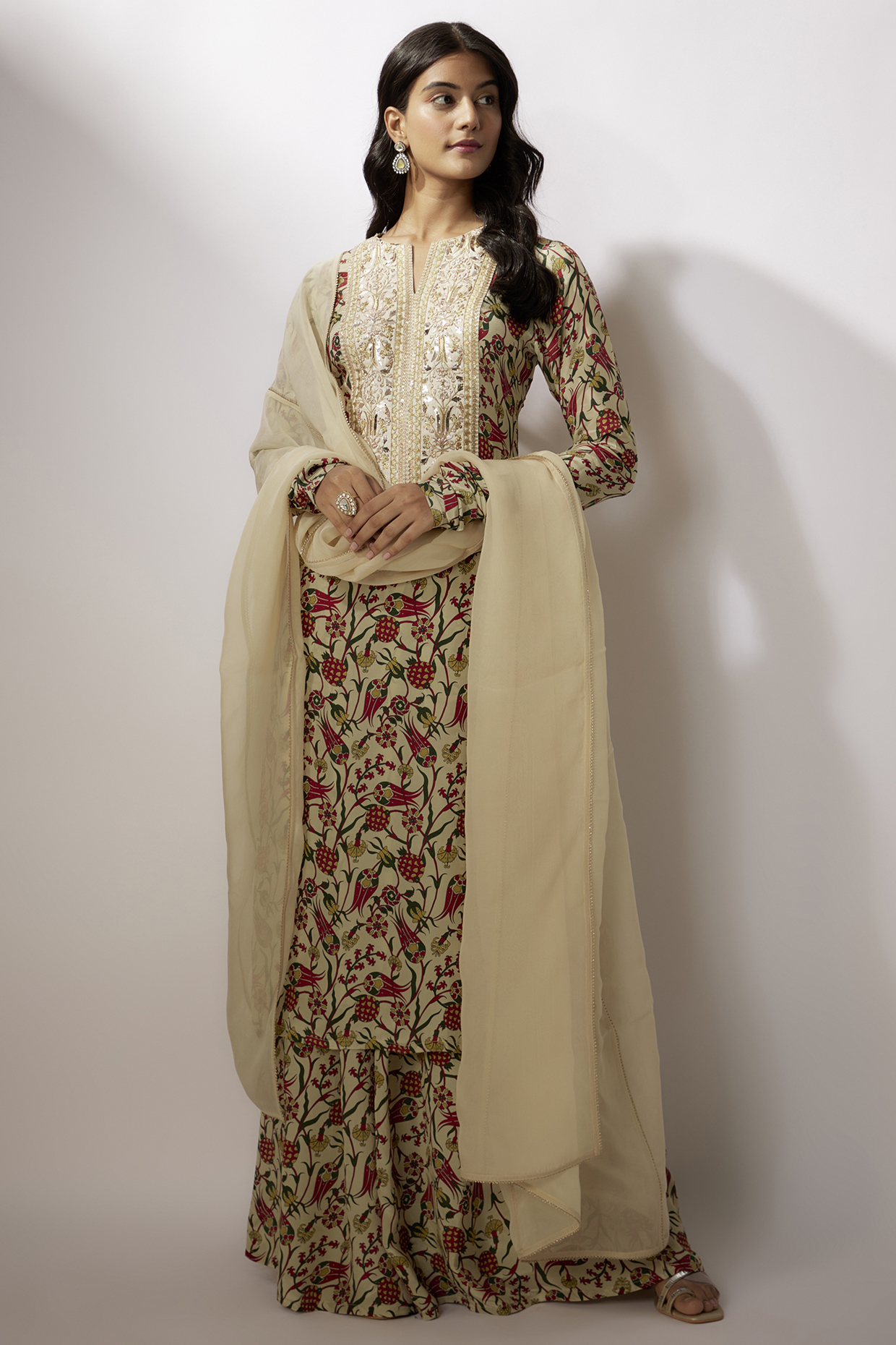Beige Crepe Printed Kurta Set by Nadima Saqib at Pernia's Pop Up Shop