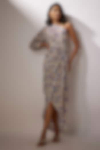 Ivory Crepe Printed One-Shoulder Dress by Nadima Saqib