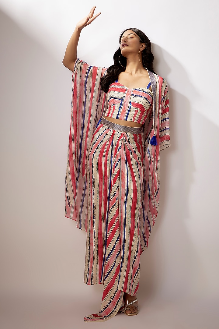 Multi-Colored Georgette Striped Cape Set by Nadima Saqib at Pernia's Pop Up Shop