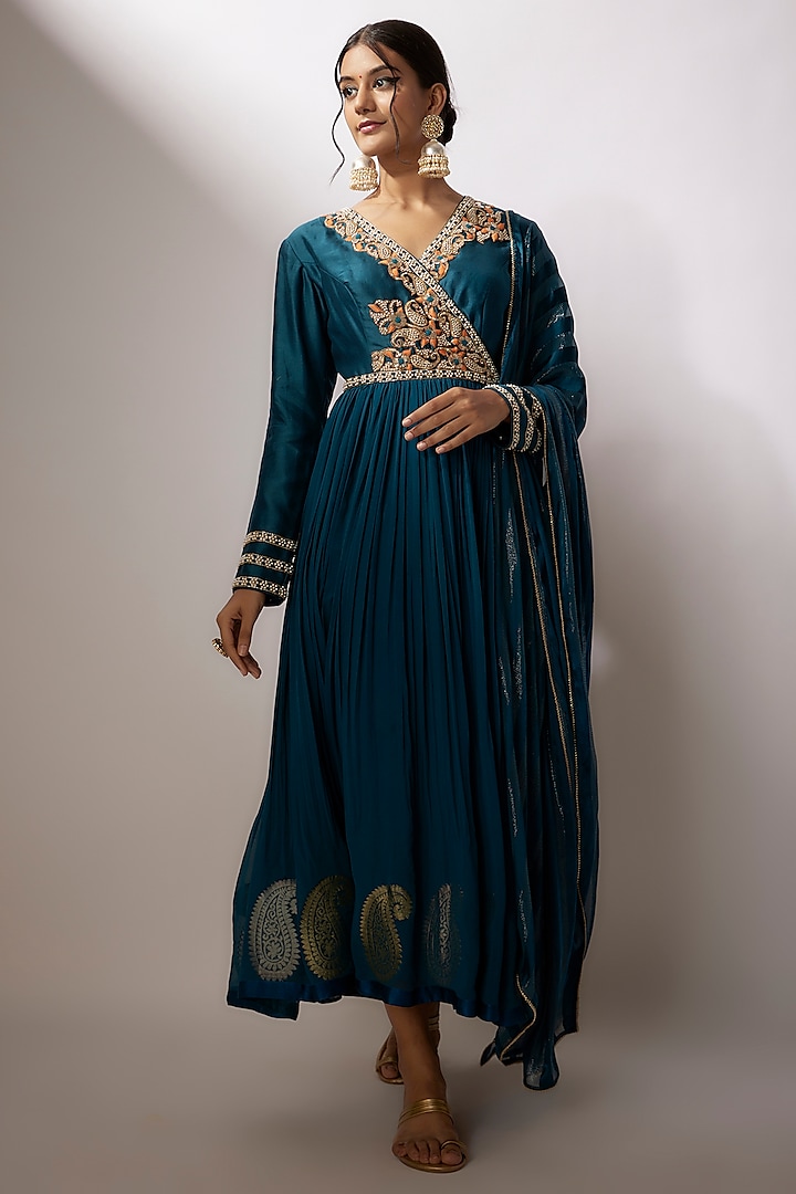 Cobalt Blue Chanderi Zardosi Embroidered Anarkali Set by Nadima Saqib at Pernia's Pop Up Shop