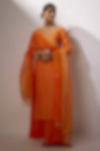 Orange Chanderi Zardosi & Pearl Embroidered Kurta Set by Nadima Saqib