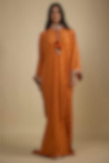 Orange Crepe Digital Printed Kaftan Maxi Vacation Dress by Nadima Saqib at Pernia's Pop Up Shop