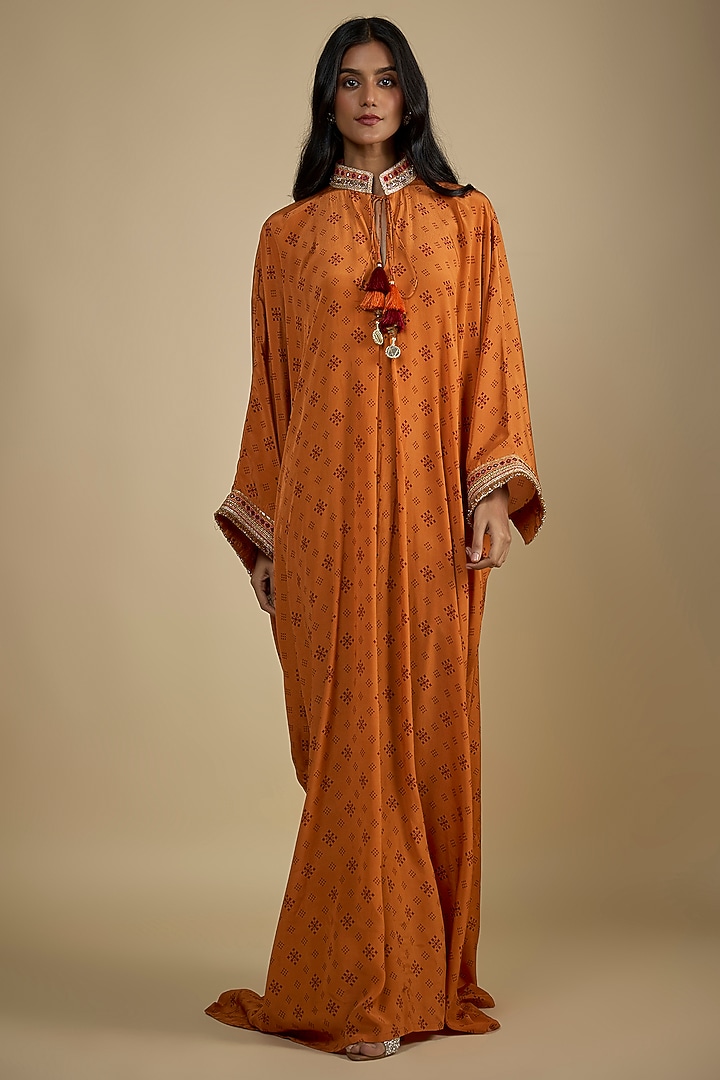 Orange Crepe Digital Printed Kaftan Maxi Vacation Dress by Nadima Saqib at Pernia's Pop Up Shop