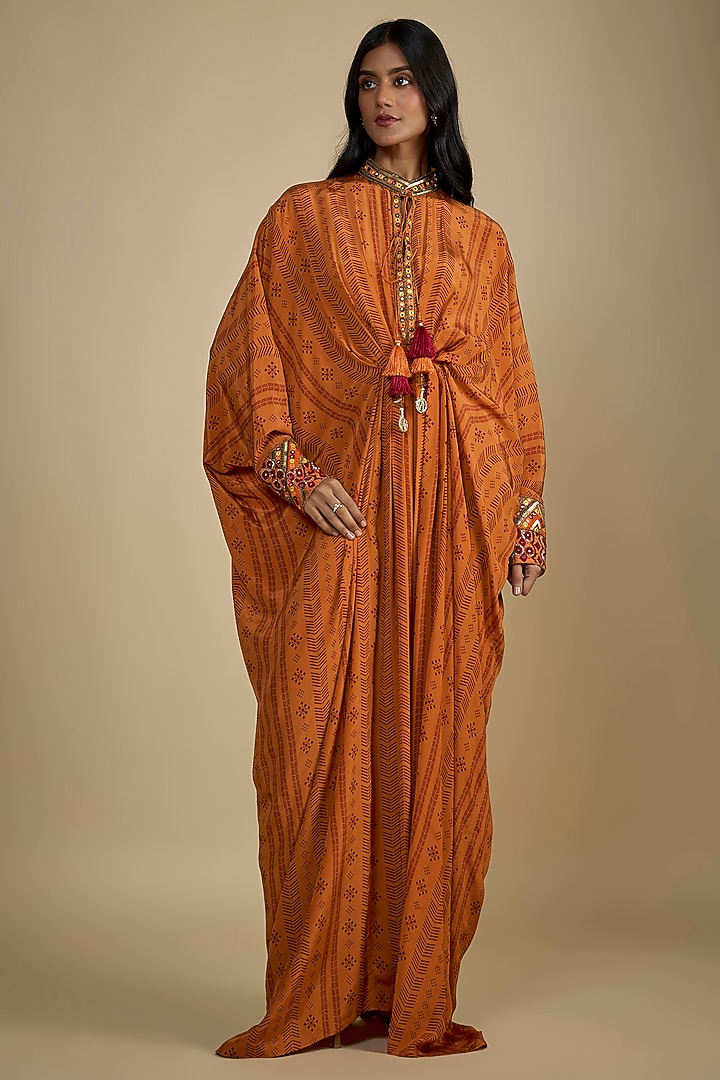 Orange Crepe Digital Printed Kaftan Maxi Vacation Dress by Nadima Saqib at Pernia's Pop Up Shop
