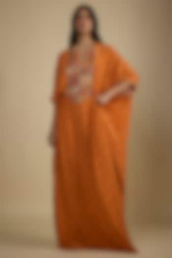 Orange Crepe Digital Printed Kaftan Maxi Vacation Dress by Nadima Saqib at Pernia's Pop Up Shop