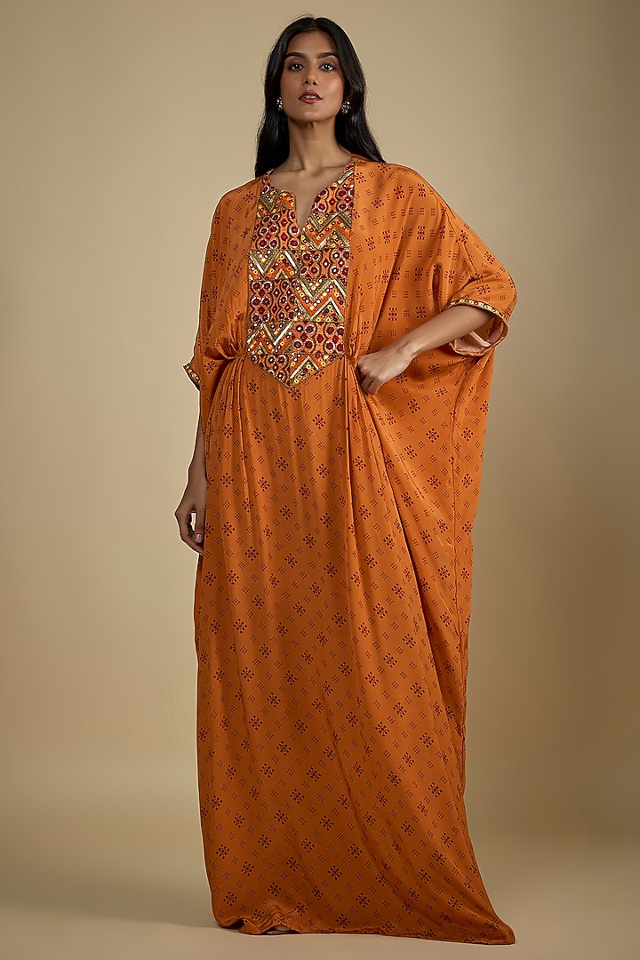 Orange Crepe Digital Printed Kaftan Maxi Vacation Dress by Nadima Saqib at Pernia's Pop Up Shop