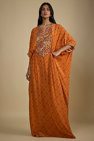 Orange Crepe Digital Printed Kaftan Maxi Dress by Nadima Saqib