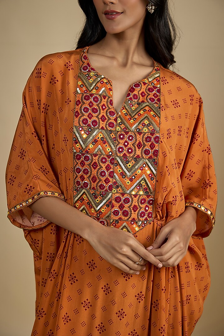 Orange Crepe Digital Printed Kaftan Maxi Vacation Dress by Nadima Saqib at Pernia's Pop Up Shop