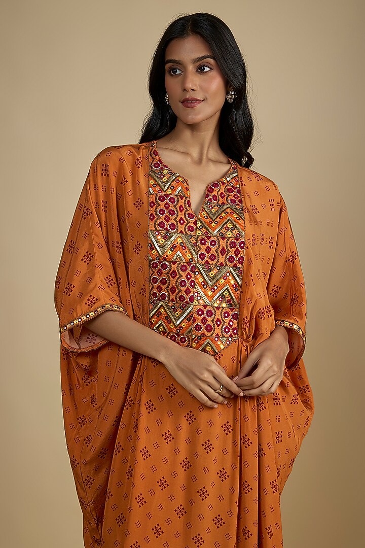 Orange Crepe Digital Printed Kaftan Maxi Vacation Dress by Nadima Saqib at Pernia's Pop Up Shop