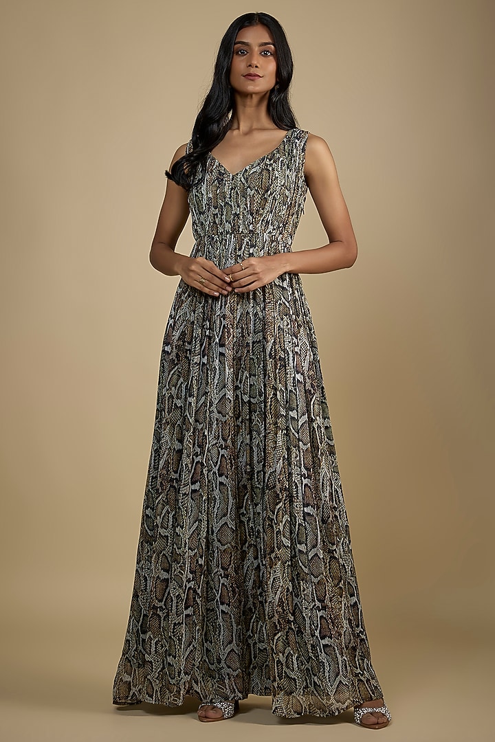 Black Georgette Digital Printed Sleeveless Maxi Vacation Dress by Nadima Saqib at Pernia's Pop Up Shop