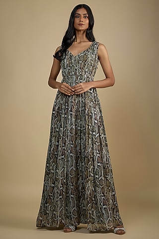 Black Georgette Digital Printed Sleeveless Maxi Dress by Nadima Saqib