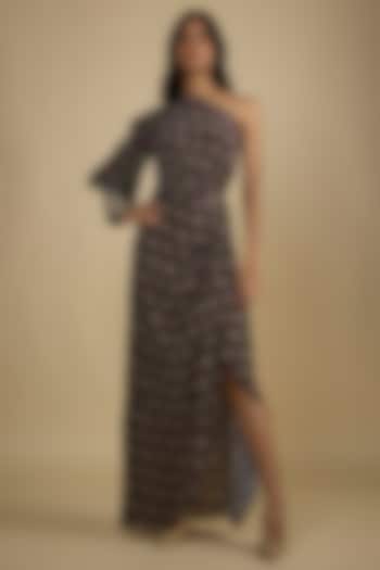 Black Crepe Digital Printed One-Shoulder Kaftan Vacation Dress by Nadima Saqib at Pernia's Pop Up Shop