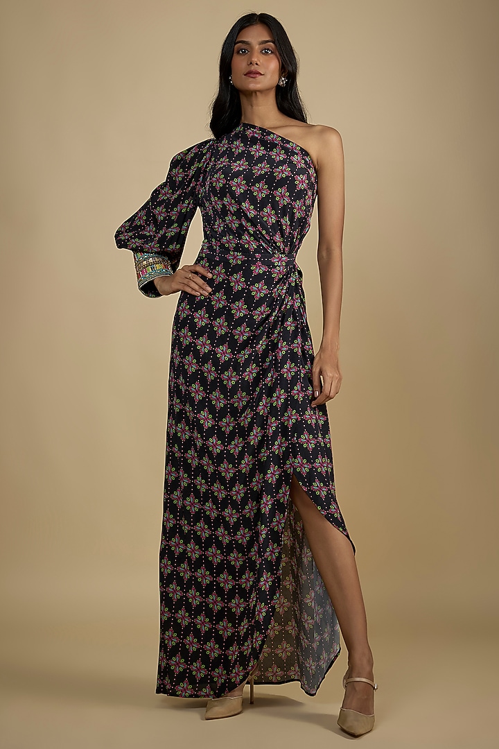 Black Crepe Digital Printed One-Shoulder Kaftan Vacation Dress by Nadima Saqib at Pernia's Pop Up Shop