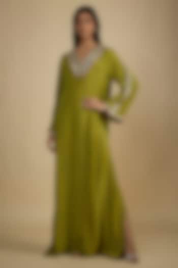 Green Crepe Digital Printed Kaftan Vacation Dress by Nadima Saqib at Pernia's Pop Up Shop