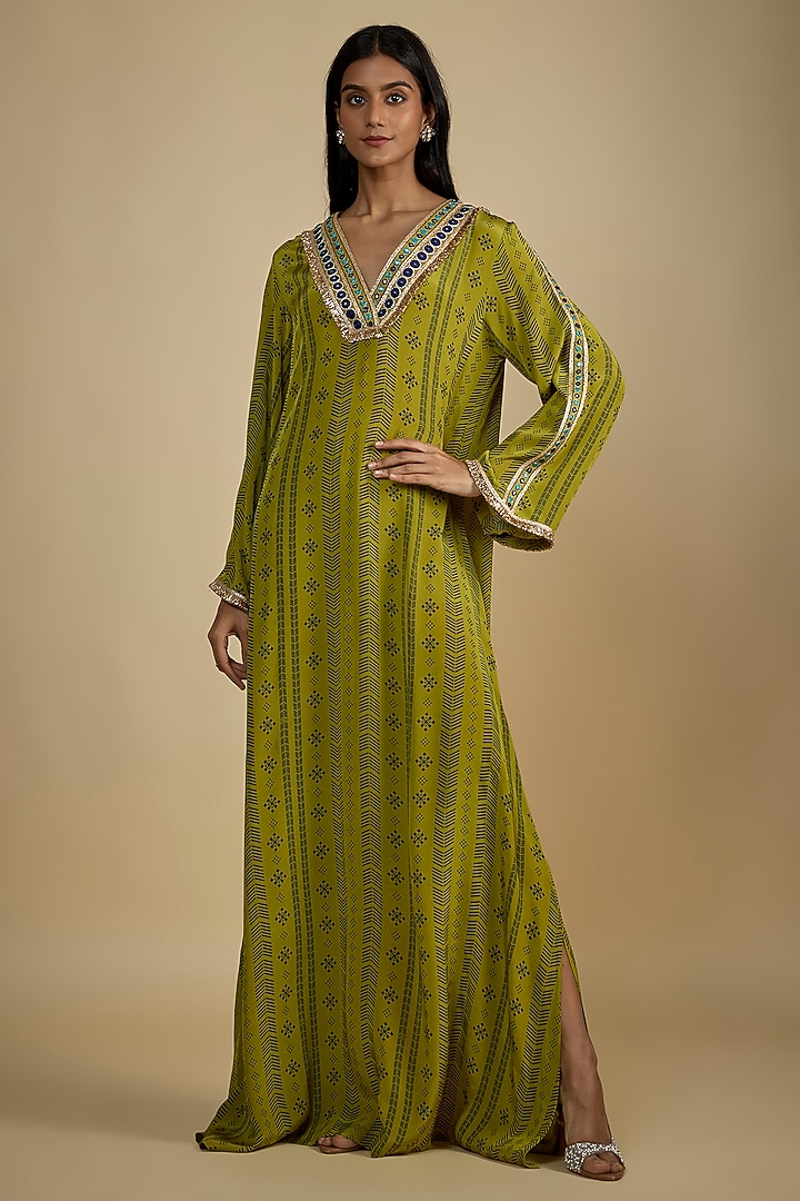 Green Crepe Digital Printed Kaftan Vacation Dress by Nadima Saqib at Pernia's Pop Up Shop