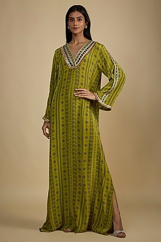 Green Crepe Digital Printed Kaftan Dress by Nadima Saqib