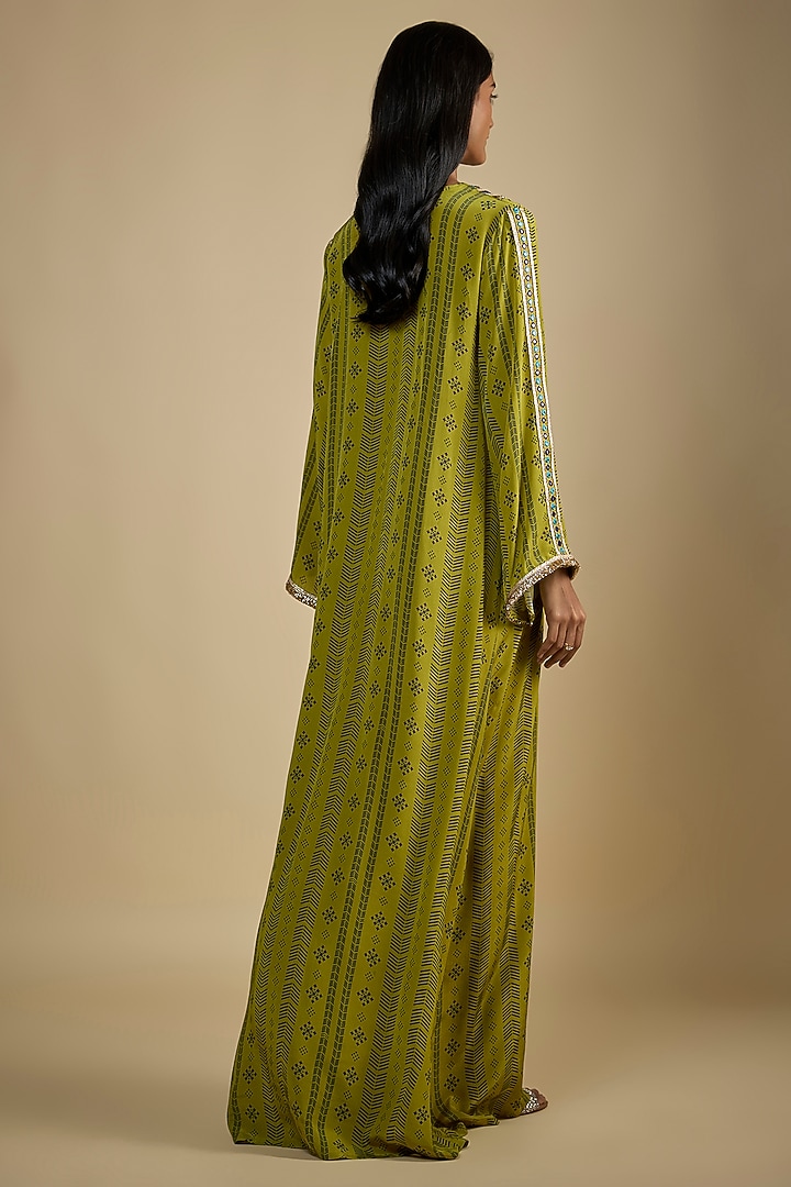 Green Crepe Digital Printed Kaftan Vacation Dress by Nadima Saqib at Pernia's Pop Up Shop