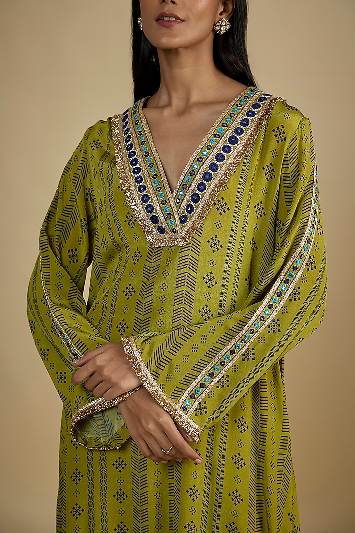 Green Crepe Digital Printed Kaftan Vacation Dress by Nadima Saqib at Pernia's Pop Up Shop