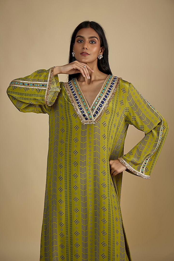 Green Crepe Digital Printed Kaftan Vacation Dress by Nadima Saqib at Pernia's Pop Up Shop