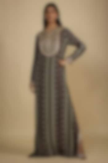 Brown Crepe Digital Printed Kaftan Vacation Dress by Nadima Saqib at Pernia's Pop Up Shop