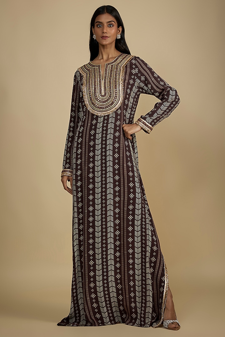 Brown Crepe Digital Printed Kaftan Vacation Dress by Nadima Saqib at Pernia's Pop Up Shop