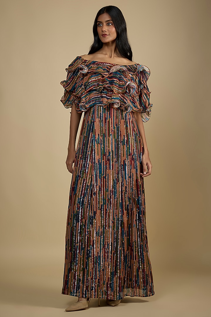 Multi-Colored Lurex Digital Printed Ruffled Maxi Summer Dress by Nadima Saqib at Pernia's Pop Up Shop