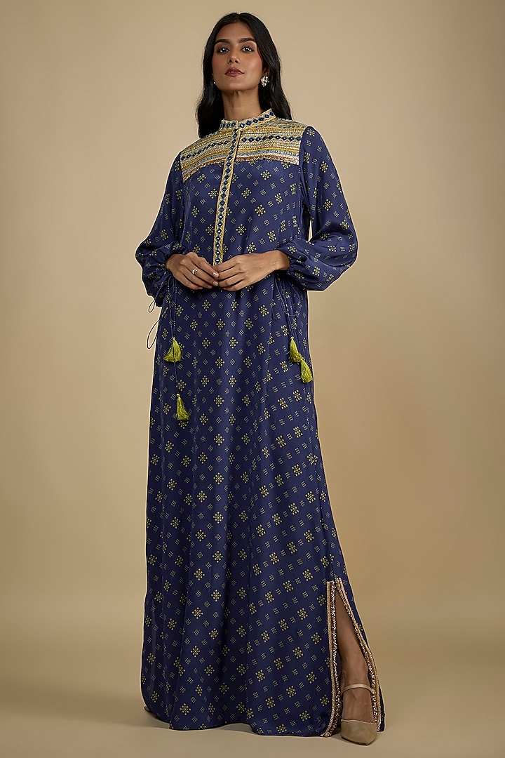 Blue Crepe Digital Printed Kaftan Vacation Dress by Nadima Saqib at Pernia's Pop Up Shop