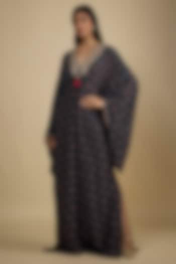 Navy Blue Crepe Digital Printed Kaftan Vacation Dress by Nadima Saqib at Pernia's Pop Up Shop
