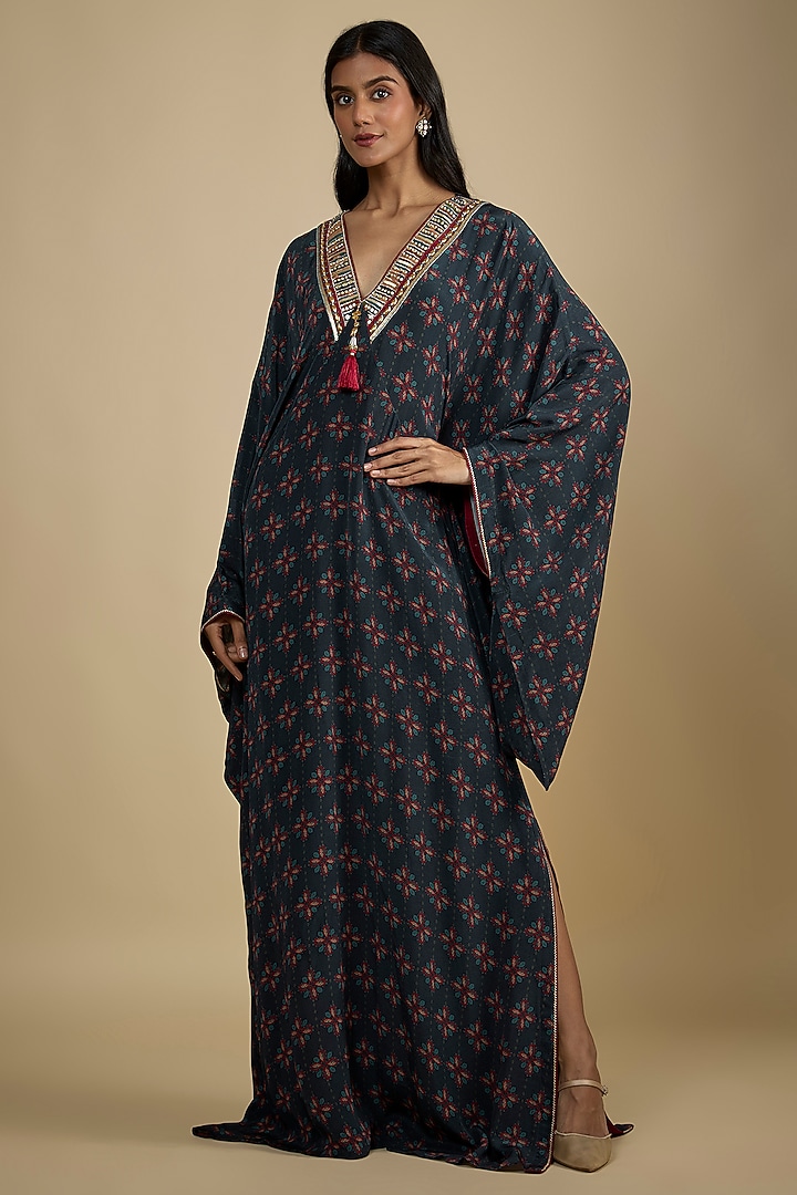 Navy Blue Crepe Digital Printed Kaftan Vacation Dress by Nadima Saqib at Pernia's Pop Up Shop