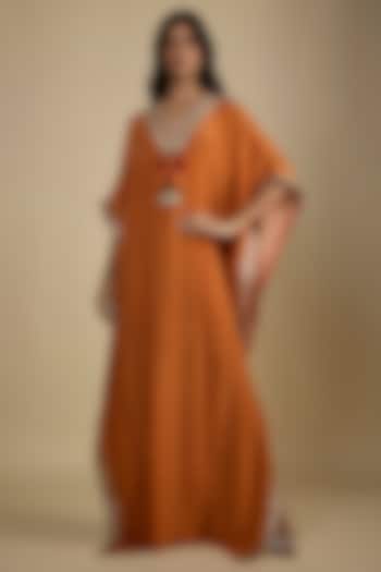 Orange Crepe Digital Printed Kaftan Vacation Dress by Nadima Saqib at Pernia's Pop Up Shop