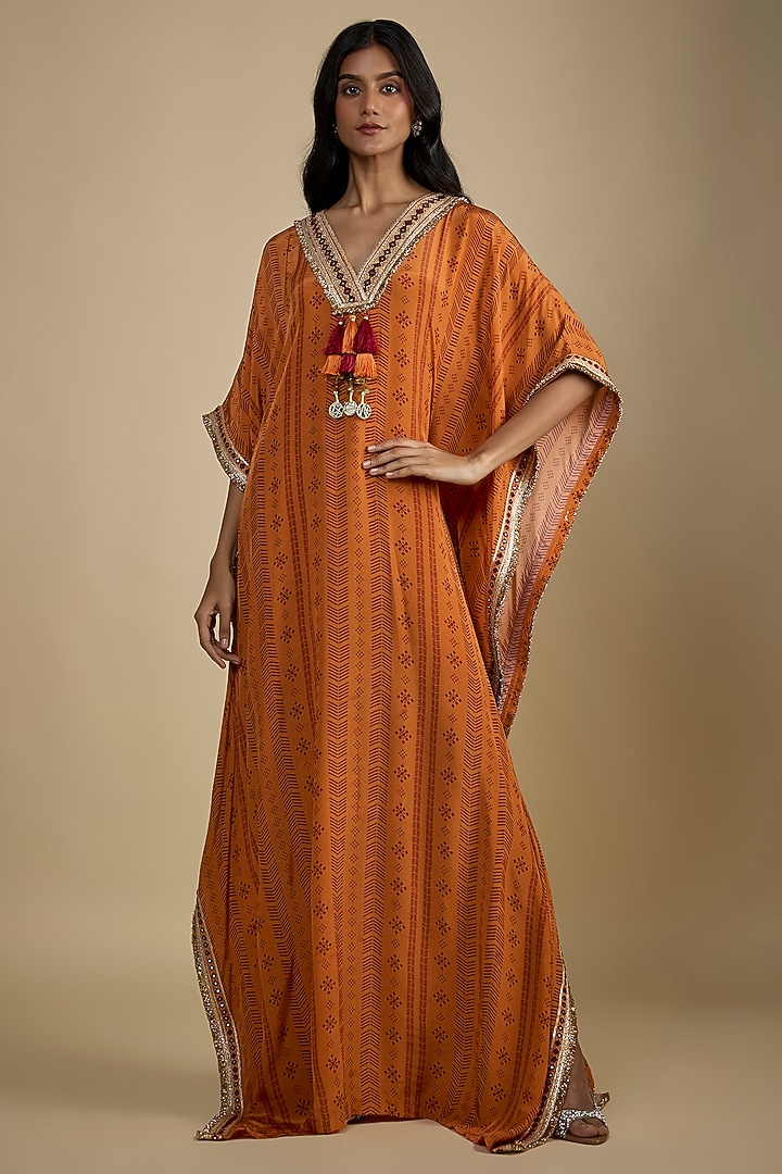 Orange Crepe Digital Printed Kaftan Vacation Dress by Nadima Saqib at Pernia's Pop Up Shop