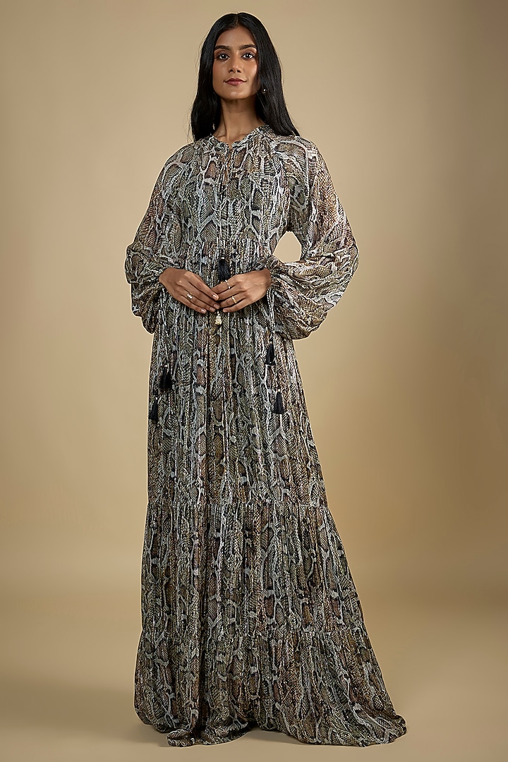 Multi-Colored Lurex Digital Printed Maxi Vacation Dress by Nadima Saqib at Pernia's Pop Up Shop
