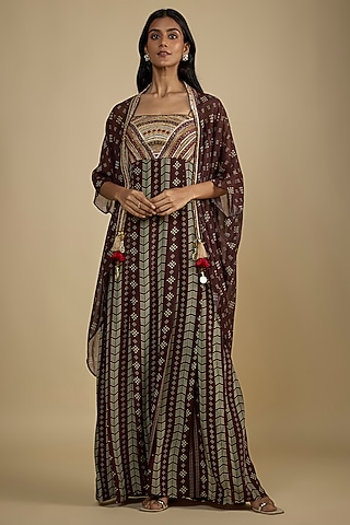 Brown Crepe Digital Printed Maxi Dress With Cape by Nadima Saqib