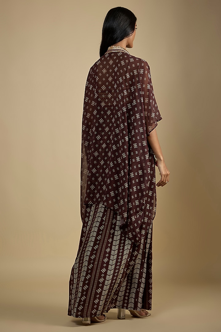 Brown Crepe Digital Printed Maxi Vacation Dress With Cape by Nadima Saqib at Pernia's Pop Up Shop