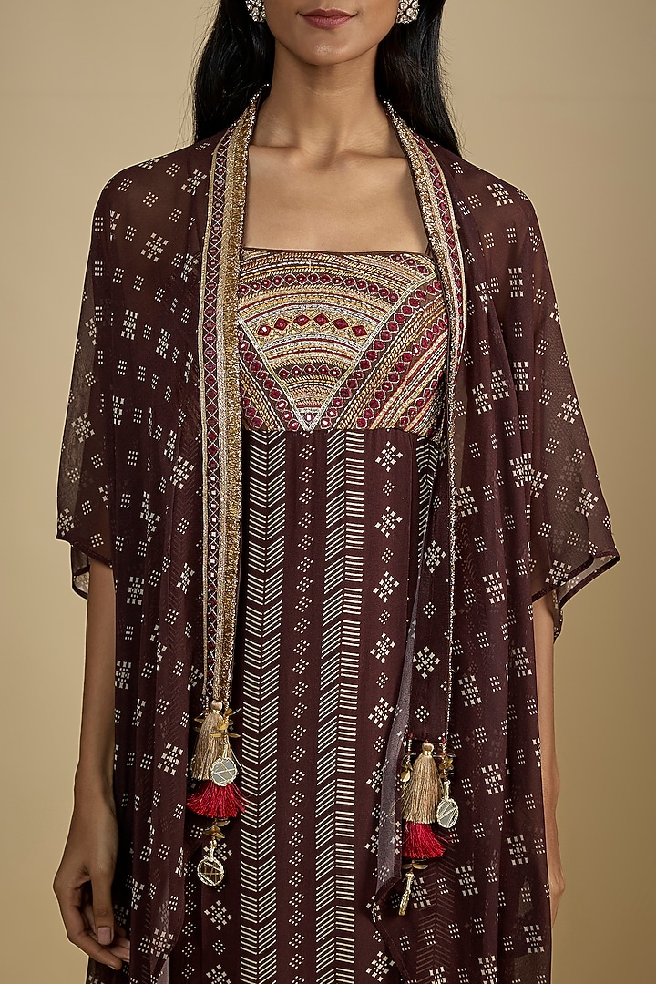 Brown Crepe Digital Printed Maxi Vacation Dress With Cape by Nadima Saqib at Pernia's Pop Up Shop
