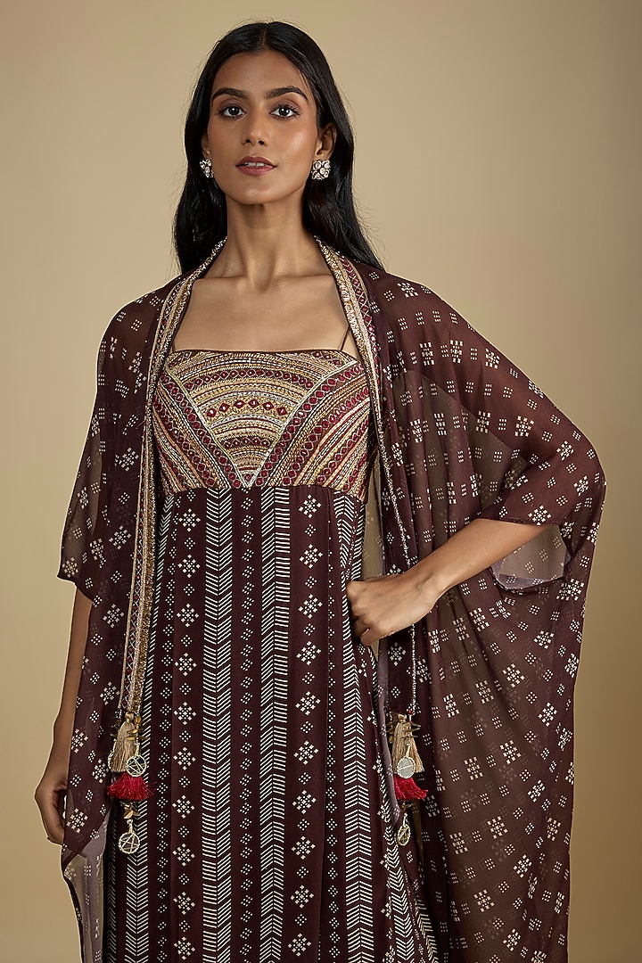 Brown Crepe Digital Printed Maxi Vacation Dress With Cape by Nadima Saqib at Pernia's Pop Up Shop