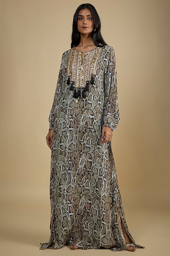 Multi-Colored Crepe Digital Snake Printed Kaftan Vacation Dress by Nadima Saqib at Pernia's Pop Up Shop