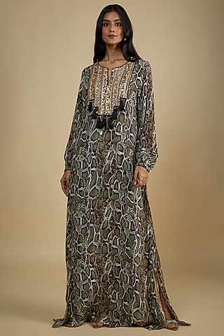 Multi-Colored Crepe Digital Snake Printed Kaftan Dress by Nadima Saqib