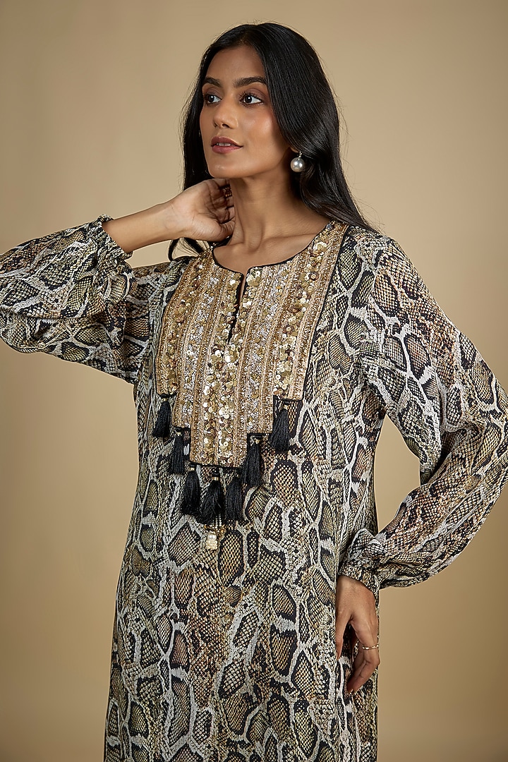 Multi-Colored Crepe Digital Snake Printed Kaftan Vacation Dress by Nadima Saqib at Pernia's Pop Up Shop